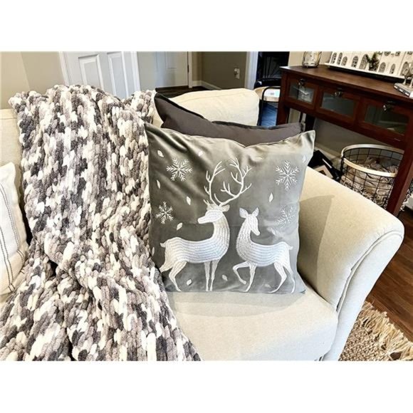 Christmas Throw Pillow Cover, 2 Pack Deer Snowflake Embroidery Decorative - Picture 5 of 8